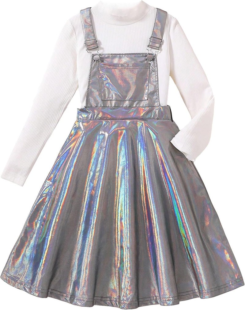 WDIRARA Girl's Metallic High Waist Overall Dress Holographic Suspender Party Flared Dresses - Image 1
